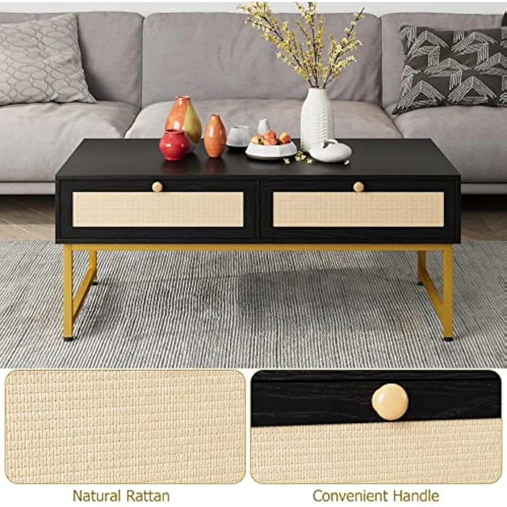 Coffee Table with Hidden Compartment and Storage Shelf, 45.66 Inch Coffee Table with Sliding PE Rattan Woven Door Panel and Sol