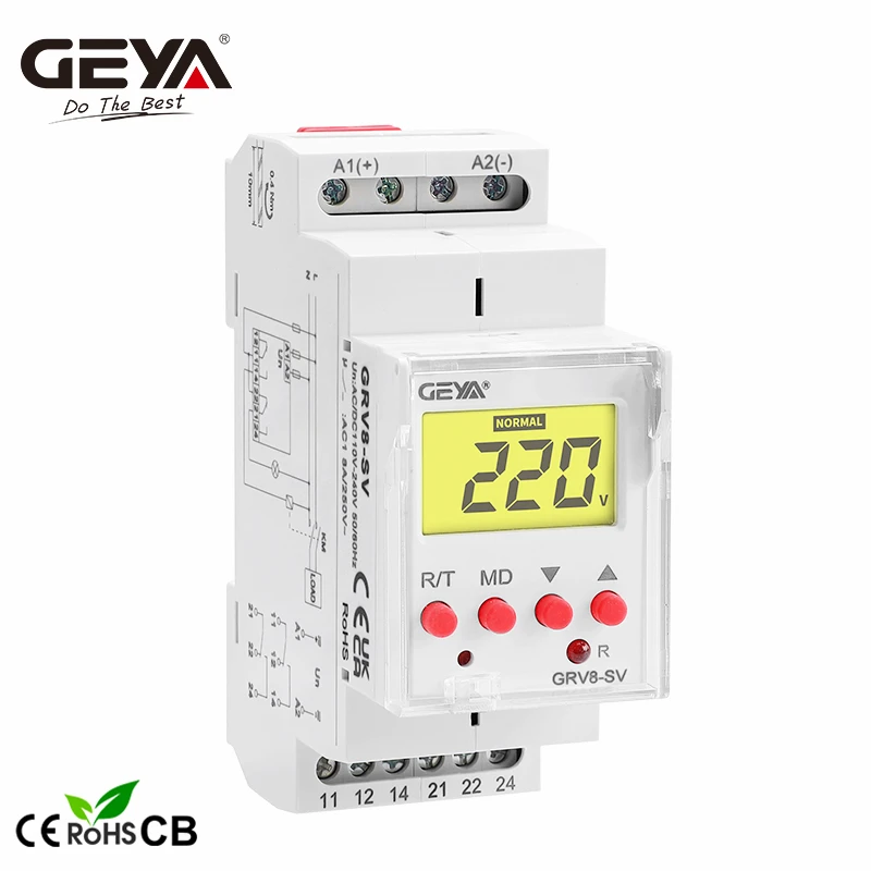 Geya-単相LCDデジタルディスプレイ電圧リレー,過電圧保護リレー,GRV8-SV,8a,2spdt,ac,dc110v〜240v