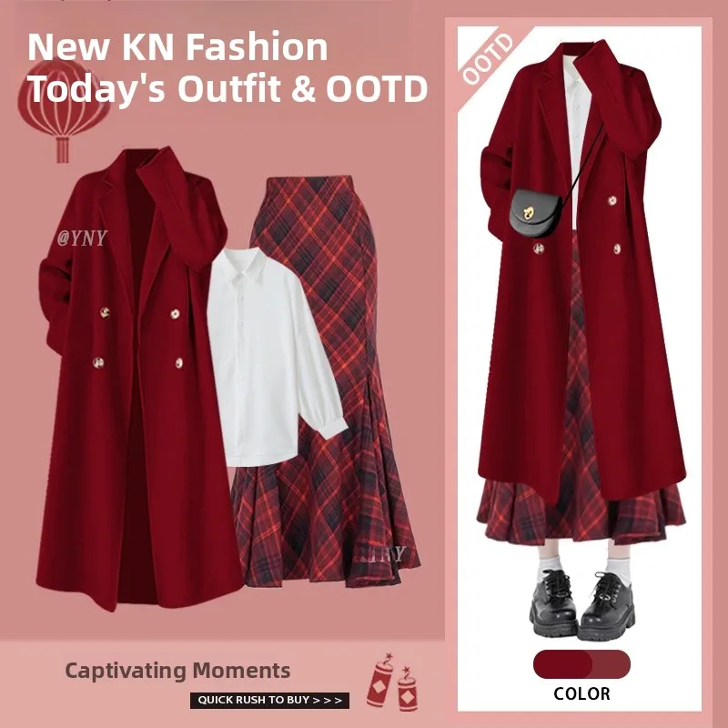 

Faionable Winter New Year Women's Set High-End Feeling Coat Base irt with Tailored Skirt Tee-Piece Set Ele Sle