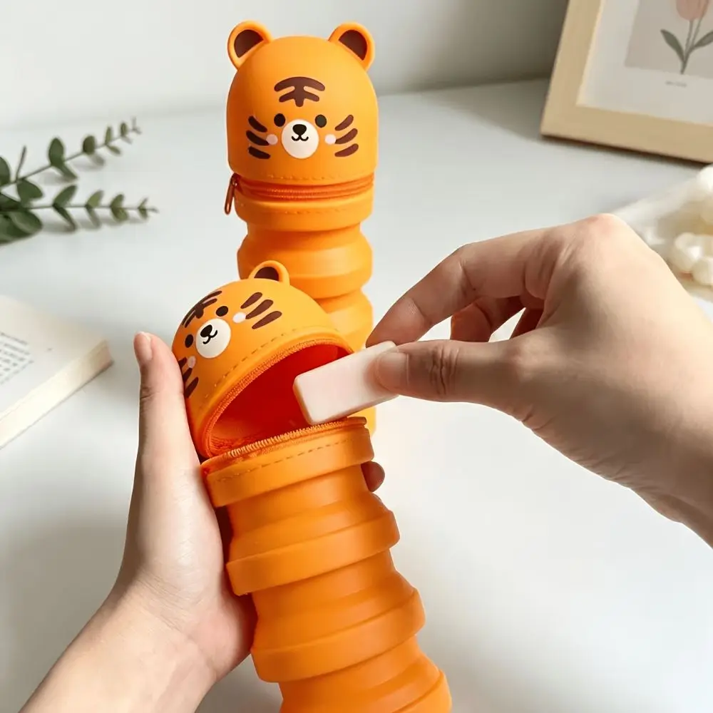 Silicone Material Silicone Pen Holder Upright Design Kawaii Style Upright Desk Organizer Tiger Face Pattern Little Tiger Theme