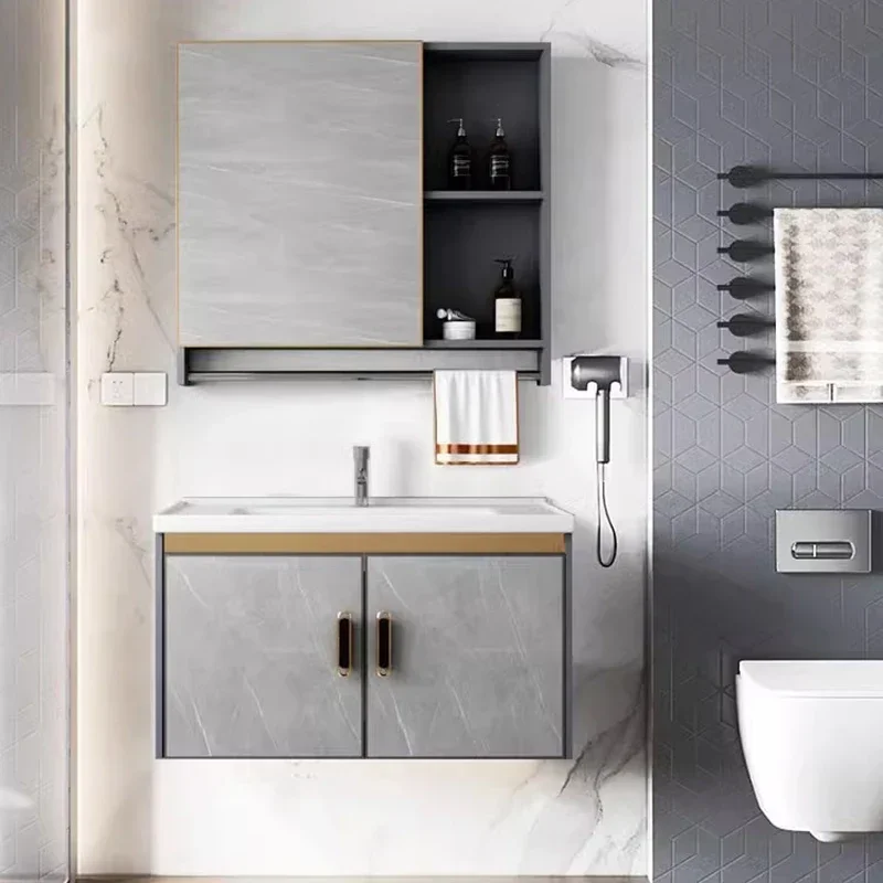 Nordic Simple Bathroom Cabinets Wall-mounted Vanity with Sink Storage Mirror Cabinets Aluminium Home Furniture Muebles Baño FYBC