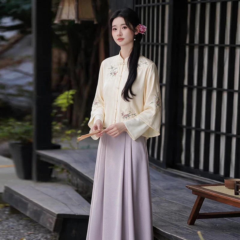 Autumn Winter Chinese Style Embroidered Tea Clothes Hanfu Two-Piece Set for Health Care Tea House Traditional Ethnic Women's ...