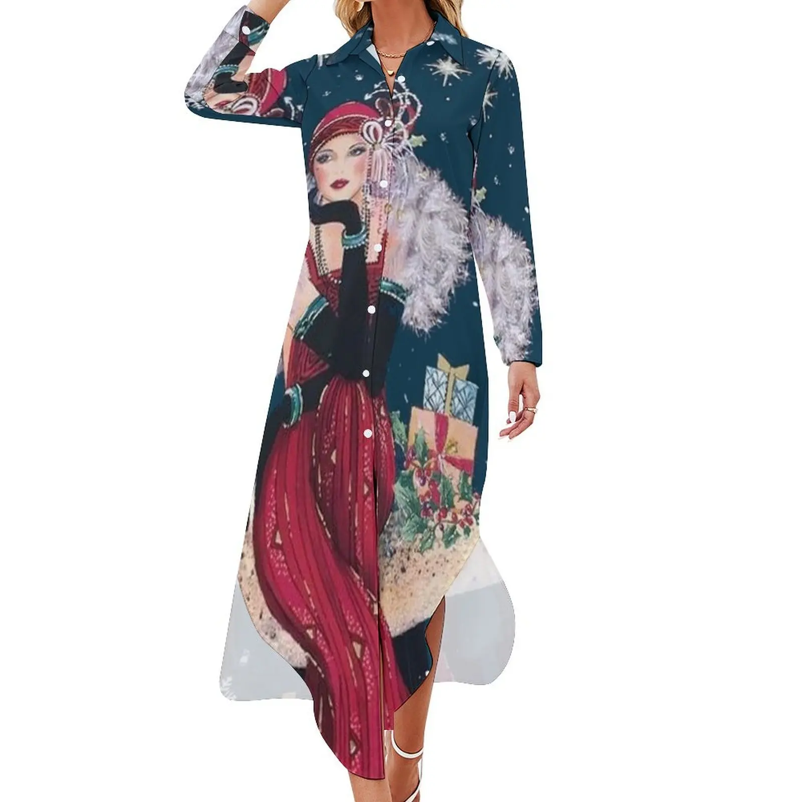 

FLAPPER : Vintage High Style Beautiful Print Long Sleeved Shirt Dress Women long dress dresses women summer 2024