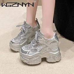 Designer Thick Bottom Bling Leather Chunky Sneakers Breathable Sport Ankle Boots Women 10.5CM Comfy Heels Autumn Vulcanize Shoes