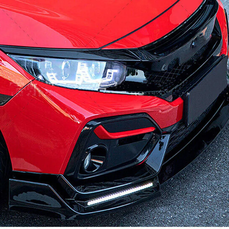 For Honda Civic Si Hatchback 2017 2018 2019 2020 2021 High Quality Gloss Black LED Front Bumper Lip With Llight Car Accessories