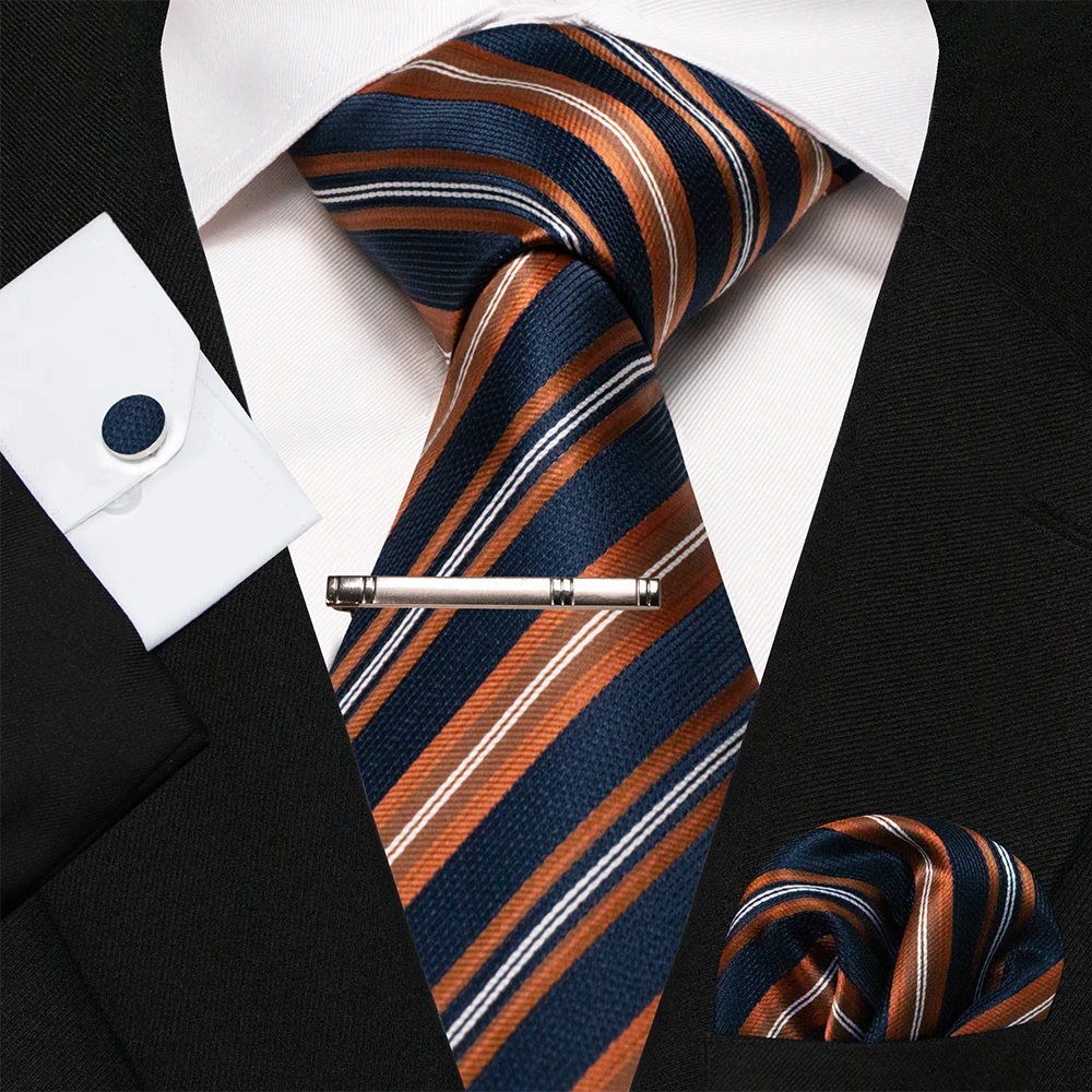 KAMBERFT Marineblau Gestreifte Seidenkrawatte für Herren, Modisches Design, Geschenkset mit Taschentuch und Manschettenknöpfen, Business-Party-Gravata – Detail 21