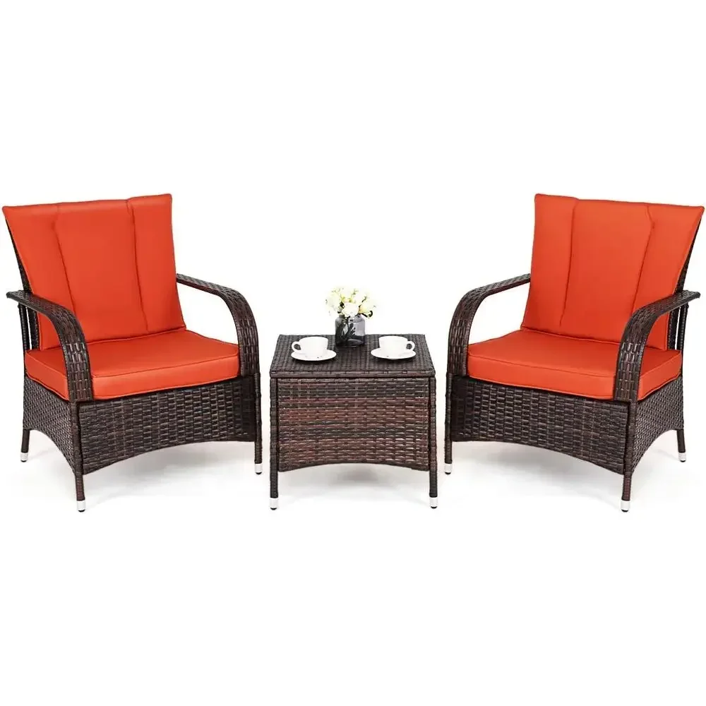 3-Piece Patio Furniture Set: 2 Wicker Chairs with Glass Top Coffee Table, Outdoor Garden Porch Poolside Set