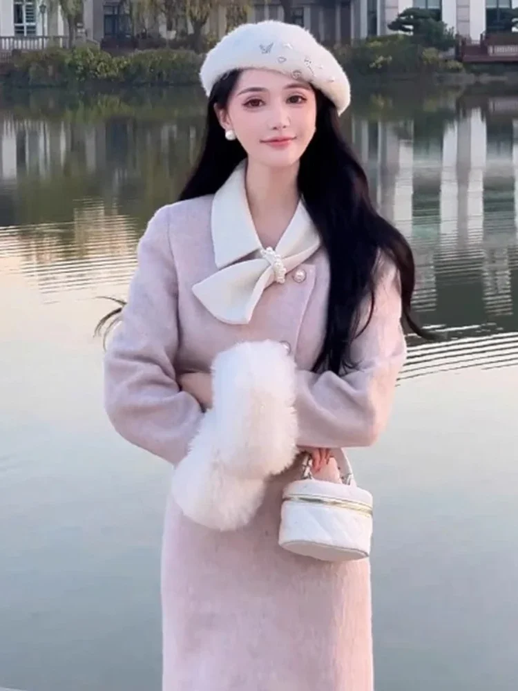 Elegant Pink Woolen Suit Autumn/Winter New Pearl Woolen Sleeve Splicing Short Coat+Split Long Skirt Slimming 2-Piece Set Women