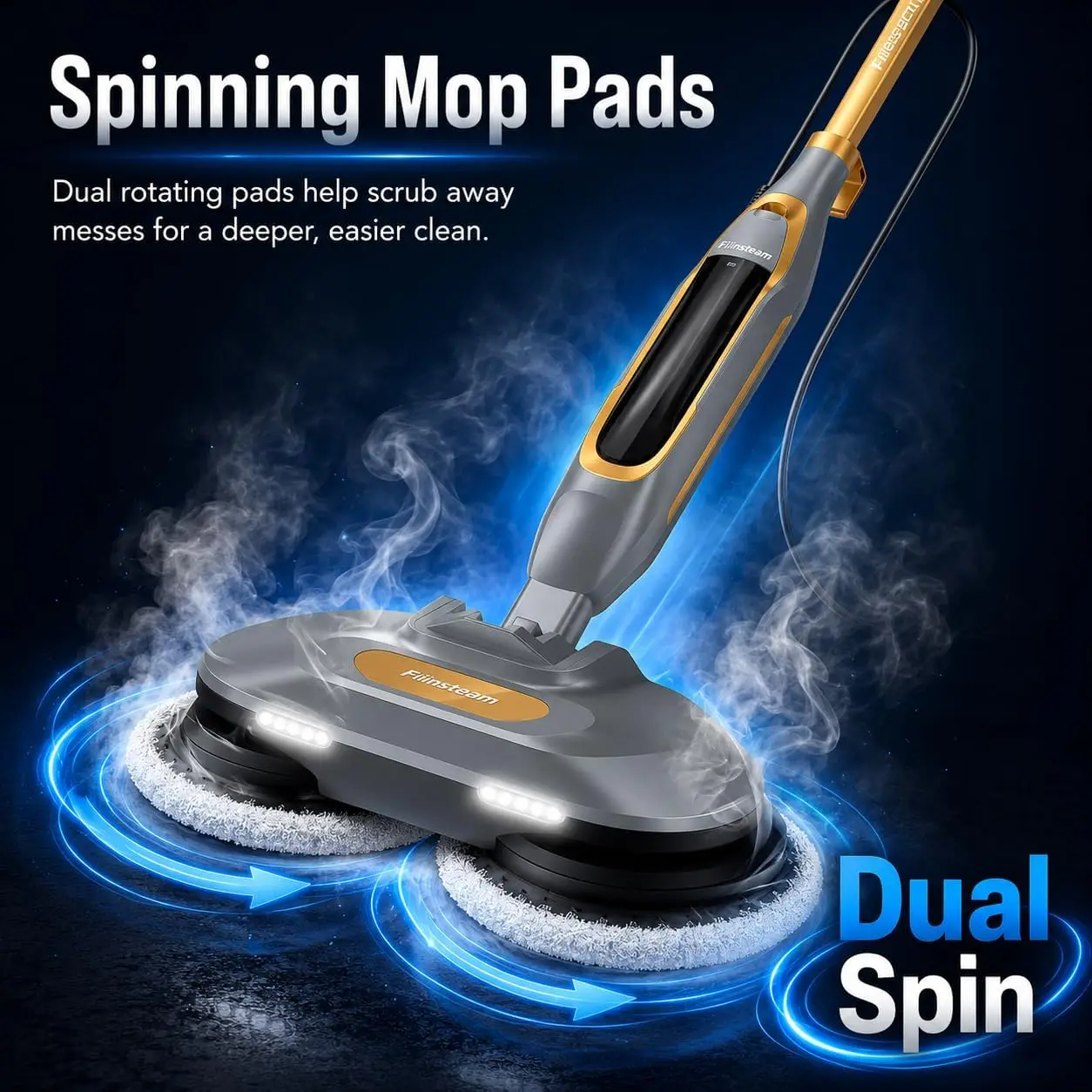 Steam and Scrub Mop, Steam Mop with Dual Rotating Pads, Swivel Steering, 2 LED Headlight, 4 Cleaning Modes, 15.2 fl oz Tank, 6 W