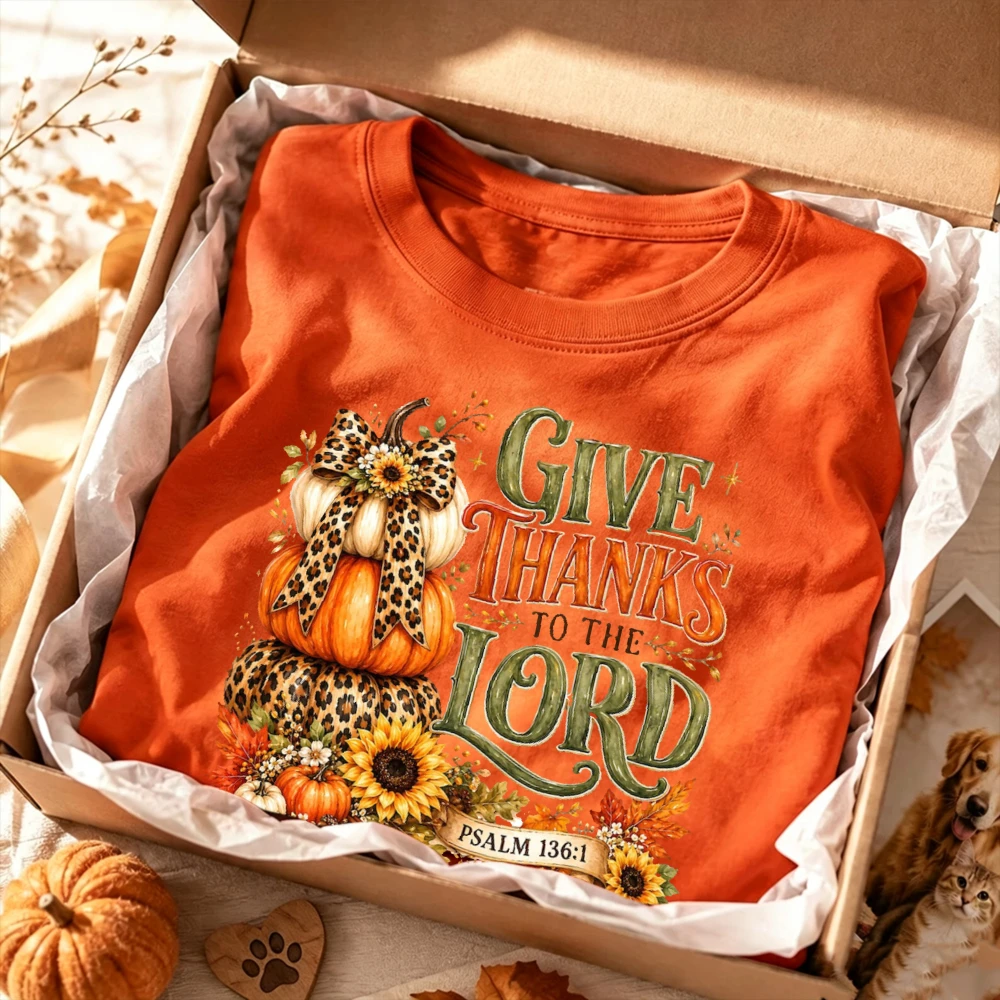 Give Thanks To The Lord Psalm Pumpkin Sunflower Graphic Women Casual Short Sleeve T-Shirt Christian Blessed Religious Faith Top