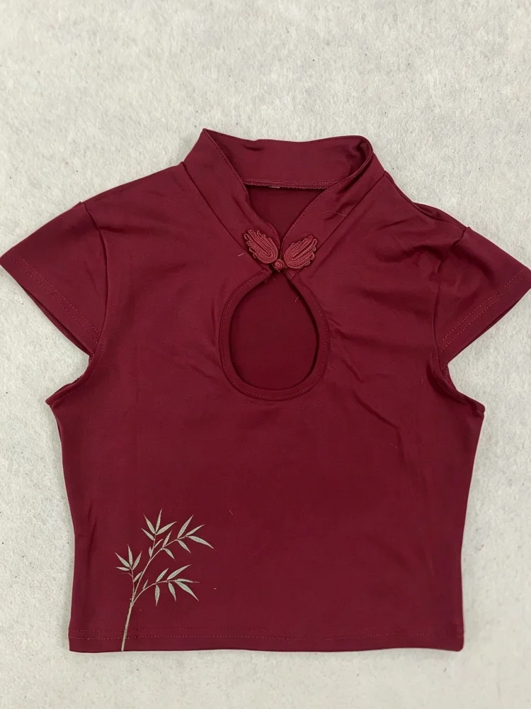 Wine Red New Chinese Qipao Crop Top Women Keyhole Frog Button Koi Bamboo Magpie Print Short Sleeve Blouse