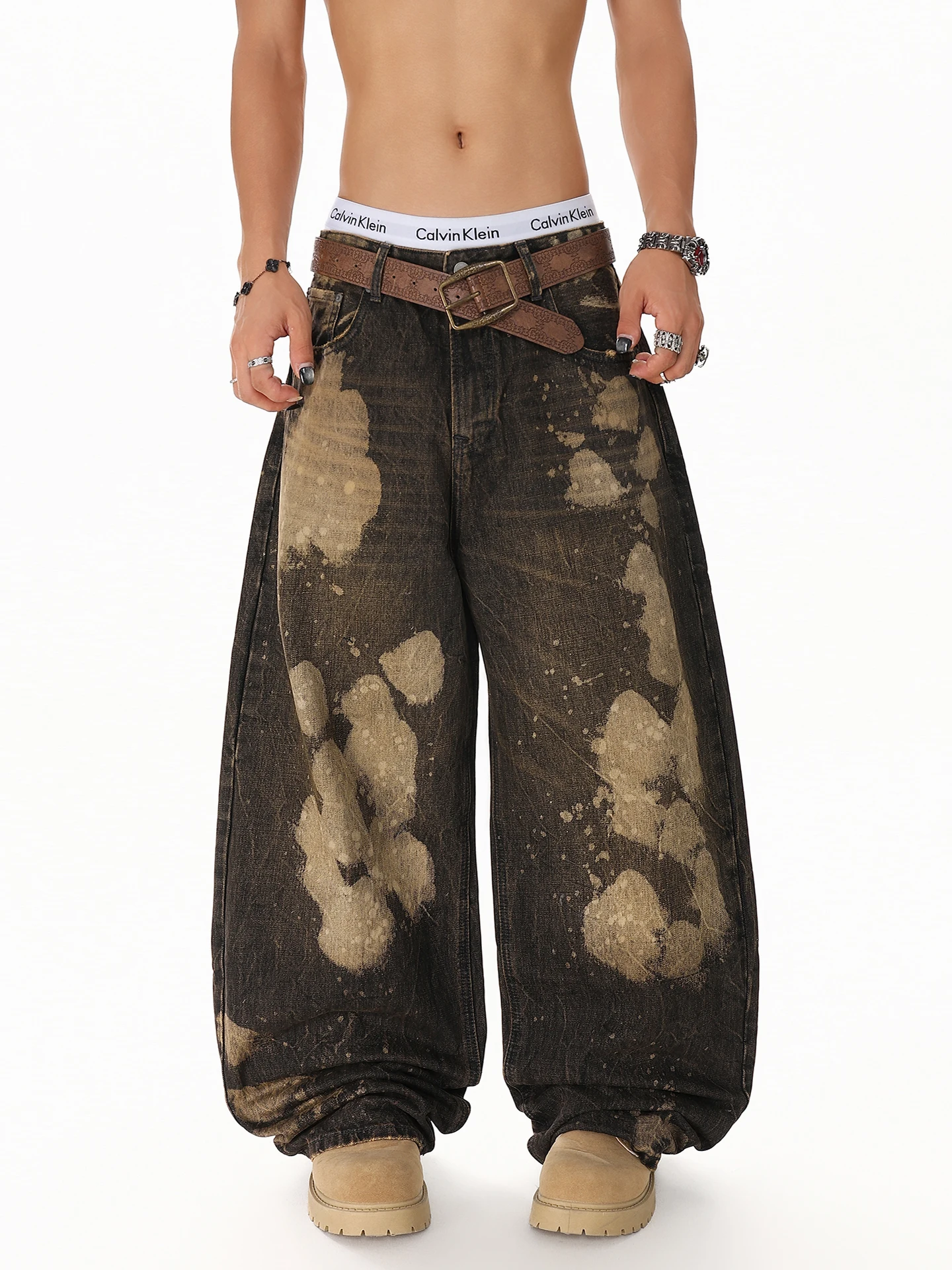 

Cool Men's Tie Dye Ripped Jeans High Waist Straight Leg Casual Trousers Trendy Spring New Washed out Fashion Street Style