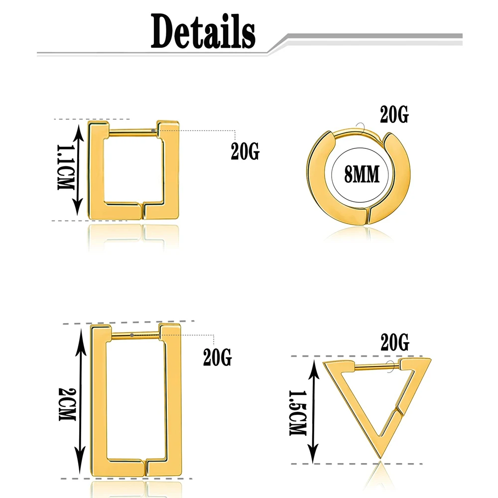 1/3/6 Pairs Minimalist Stainless Steel Small Dainty Geometric Square Triangle Star Rectangle Hoop Huggies Earrings for Men Women