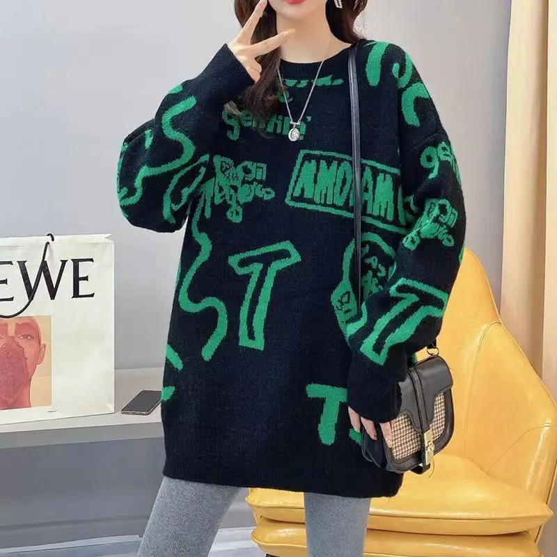 

Korean Laziness Bottoming Sweater Pullovers Women's Clothing Large Size Autumn Loose Pullover Printing O-Neck Long Sleeve Tops