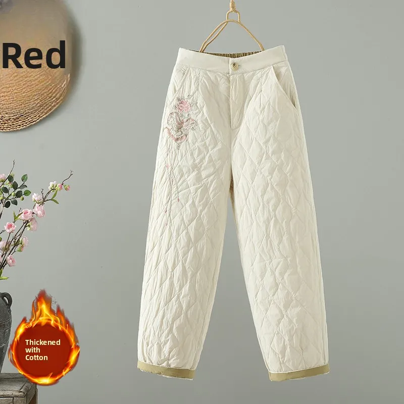 Pantaloni lunghi in cotone con ricamo pesante Ele Calore da donna Colore dimagrante Pantaloni lunghi a vita alta Faion invernale