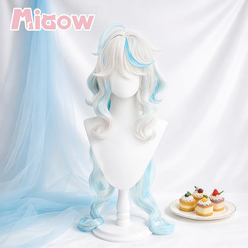 Game Genshin Furina de Fontaine Cosplay Wig Miaow High Quality Cosplay Wig White Blue Gradient Long Wavy Hair