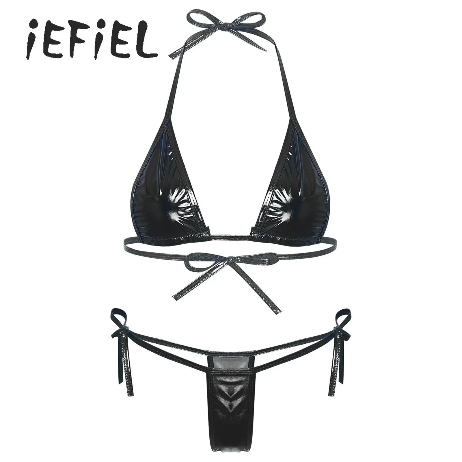 

Metallic Bikini Sets for Women Shiny Two-Piece Micro Swimwear Sexy Halter Neck Triangle Top Tie Side Thong Bottom Swim Suit