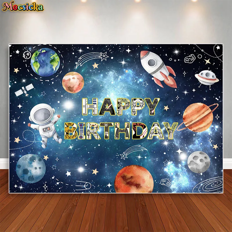 Outer Space Happy Birthday Photography Background Astronaut Rocket Backdrop Banner Planet Galaxy Boy Birthday Party Photo Booth