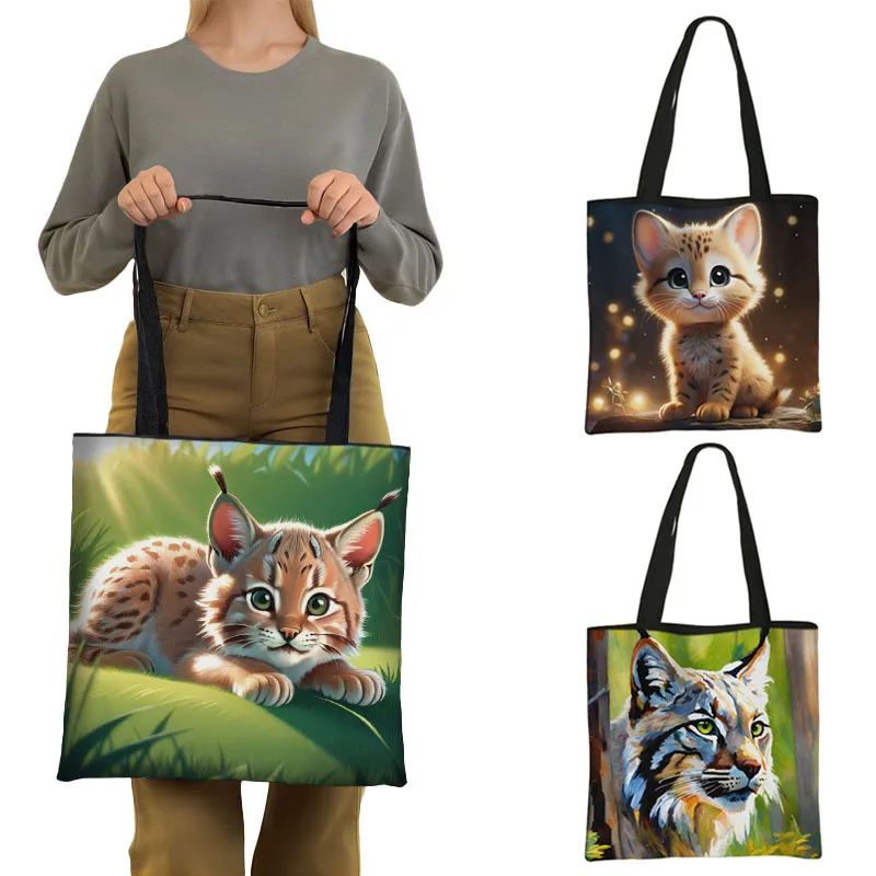 Cartoon Bobcat Print Tote Bag Cute Wild Lynx Cat Women Handbag Large Capacity Storage Bags Reusable Shopping Bag Grocery Bags