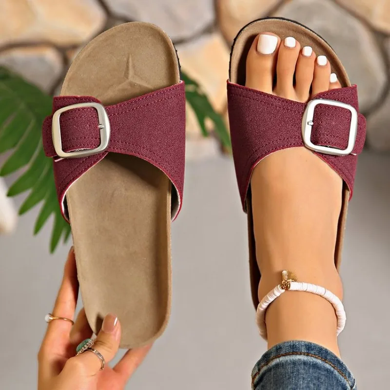 

Women's Simple Solid Color Buckle Cover for Wearing Flat Heeled Straight Slippers Casual Simple Large Buckle Suede Upper Soft 43