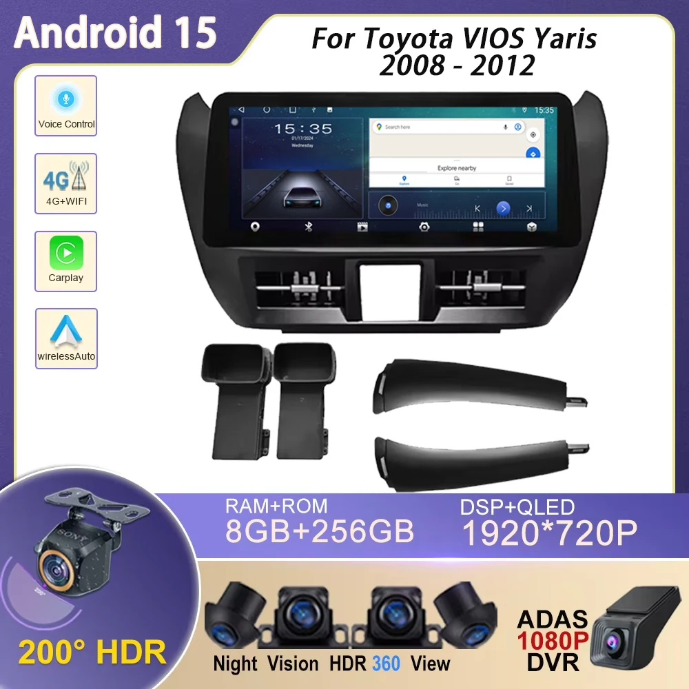 أندرويد 15 Carplay أندرويد راديو السيارة التلقائي لتويوتا فيوس يارس 2008 - 2012 وحدة رأس ستيريو راديو تلقائي شاشة كام 4G واي فاي DVD