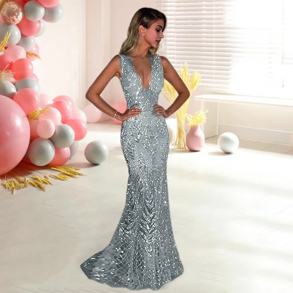 V-neck Long Dress Elegant Sequin Fishtail Evening Gown with V Neck Backless Design for Prom Party Events Sequined Evening Gown