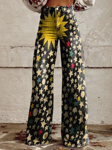 Novo vintage gradiente imitação jeans feminino perna larga nova moda cintura alta casual retro punk feminino 3d impresso imitação jeans