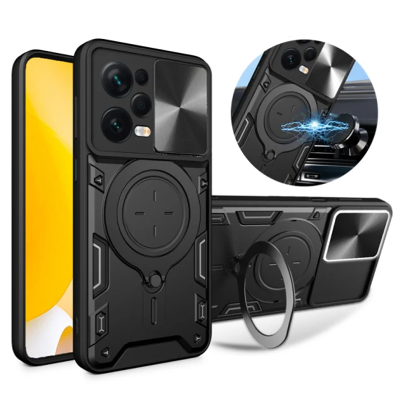 For Poco X5 Pro 5G Case Slide Camera Lens Armor Phone Cases For Poko Little X5 X 5 Pro X5pro Magnetic Holder Ring Protect Cover