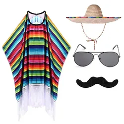Child Adult Mexican Party Costume Colourful Cloak Cape Wide Brimmed Hat Hat Sunglasses Beard Mexican Holiday Halloween Fiesta