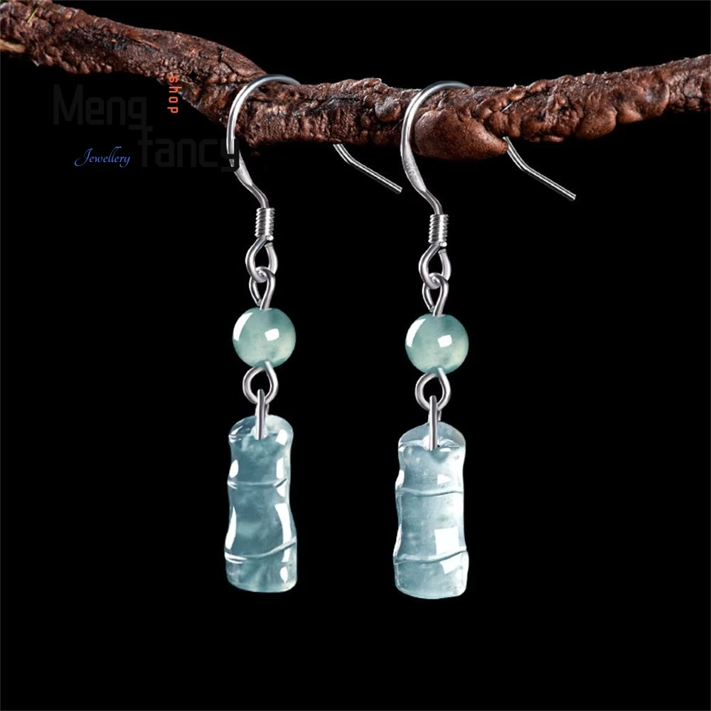 

High-grade Natural Elegant A-goods Jadeite Blue Water Bamboo Earrings Ring Section High S925 Silver Ice Jade Luxury Fine Jewelry