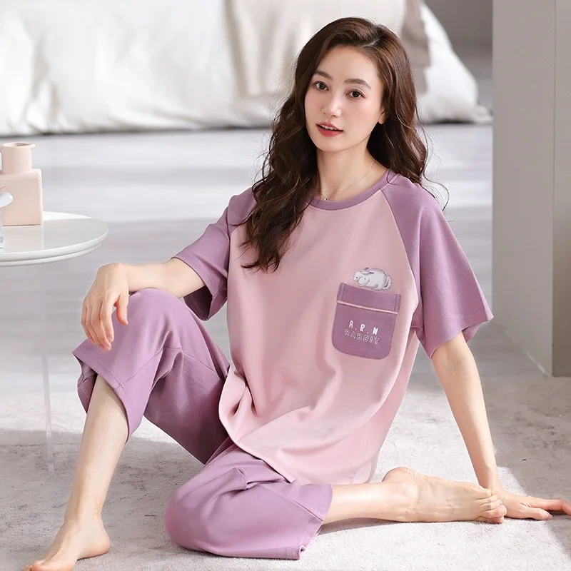 New Pajama Women Summer Short Sleeve Capris Pants Fat Ladies Big Size Loose Summer Daily Comfortable Casual Breathable Home Wear