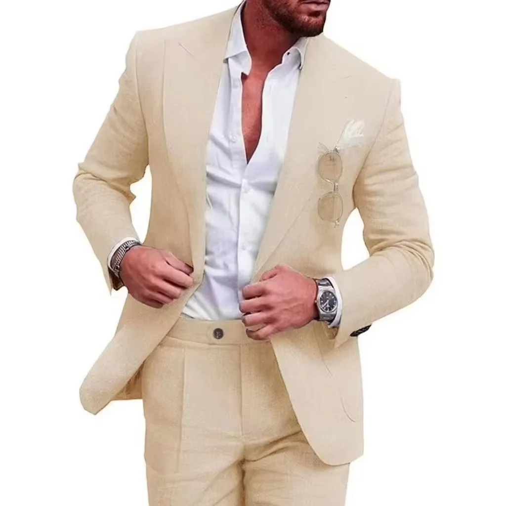 Men\'s Linen Set 2-Piece Slim Fit Suit Summer Beach Wedding Set  One Button Tuxedo Linen Suit Jacket And Pants Set