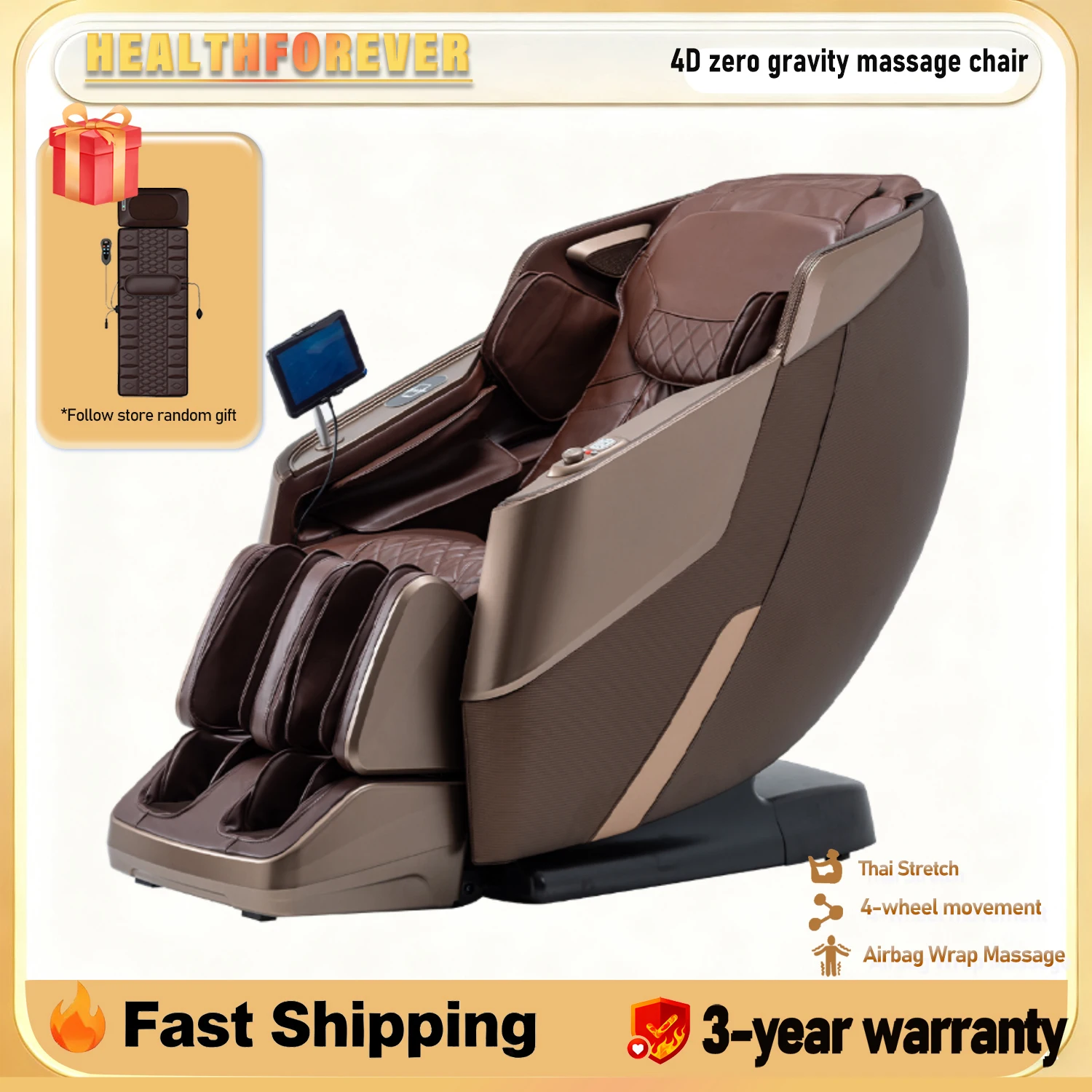 

Luxury 4D Massage Chair Full Body Zero Gravity Home 3D Thai Stretch AI Voice Shiatsu Recliner for Home Office 3-Year Warranty