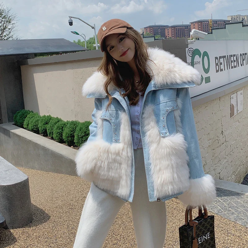 Arrivals Real Fur Coat New Winter Female 2023 New Female Fox Fur Strip Denim Down Winter Jacket with Fur Coat Women Thick Warm