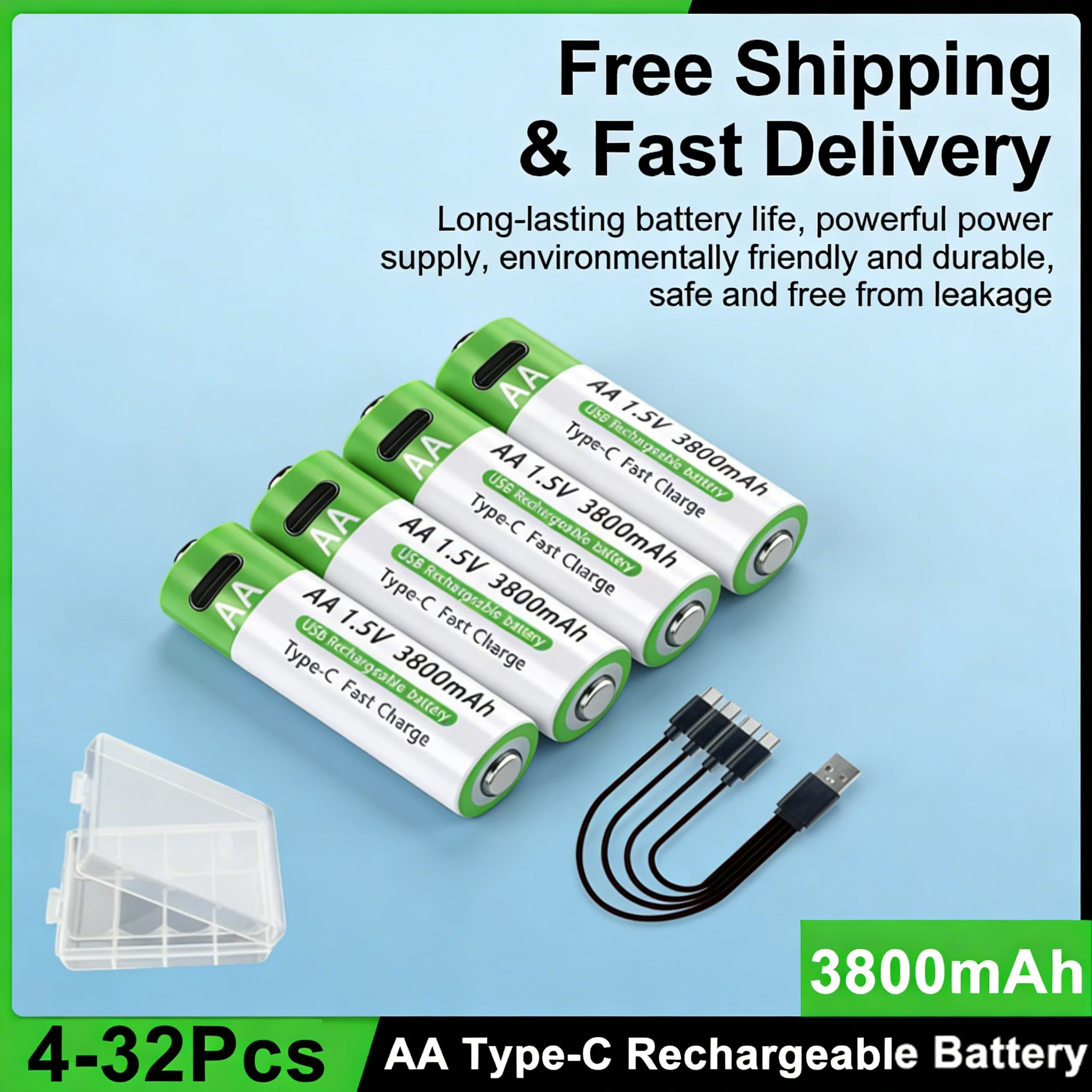 

AA Rechargeable Battery 1.5V Lithium 3800mWh Type-C USB Li-ion Cells 1.5V Constant Output for Wireless Mouse, Remote, 4-32PCS