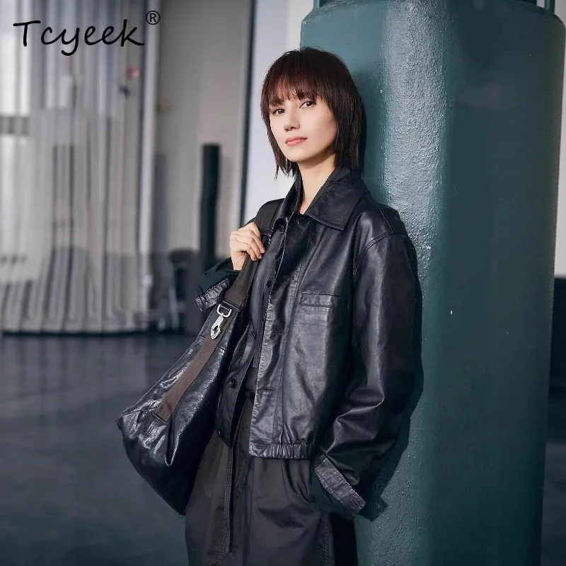 Tcyeek Semi Vegetable Tanned Sheepskin Jackets for Women Autumn Woman Clothing Short Slimming Loose Leather Jacket 2026 Chaqueta