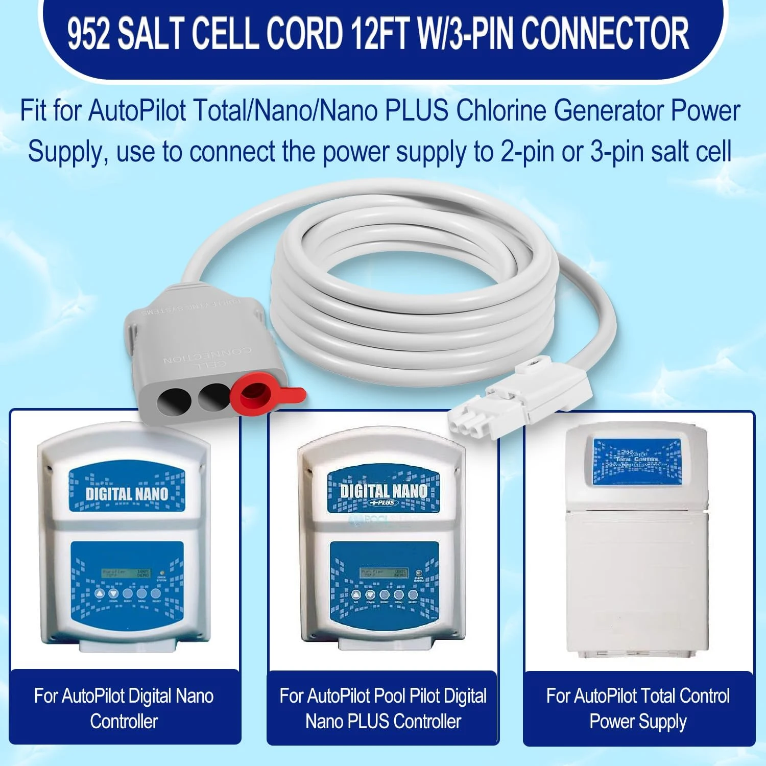 

Кабель для солевой ячейки (12 футов, 952 мм) с 3-контактным разъемом для контроллера питания генератора хлора AutoPilot Total/Nano/Nano Plus