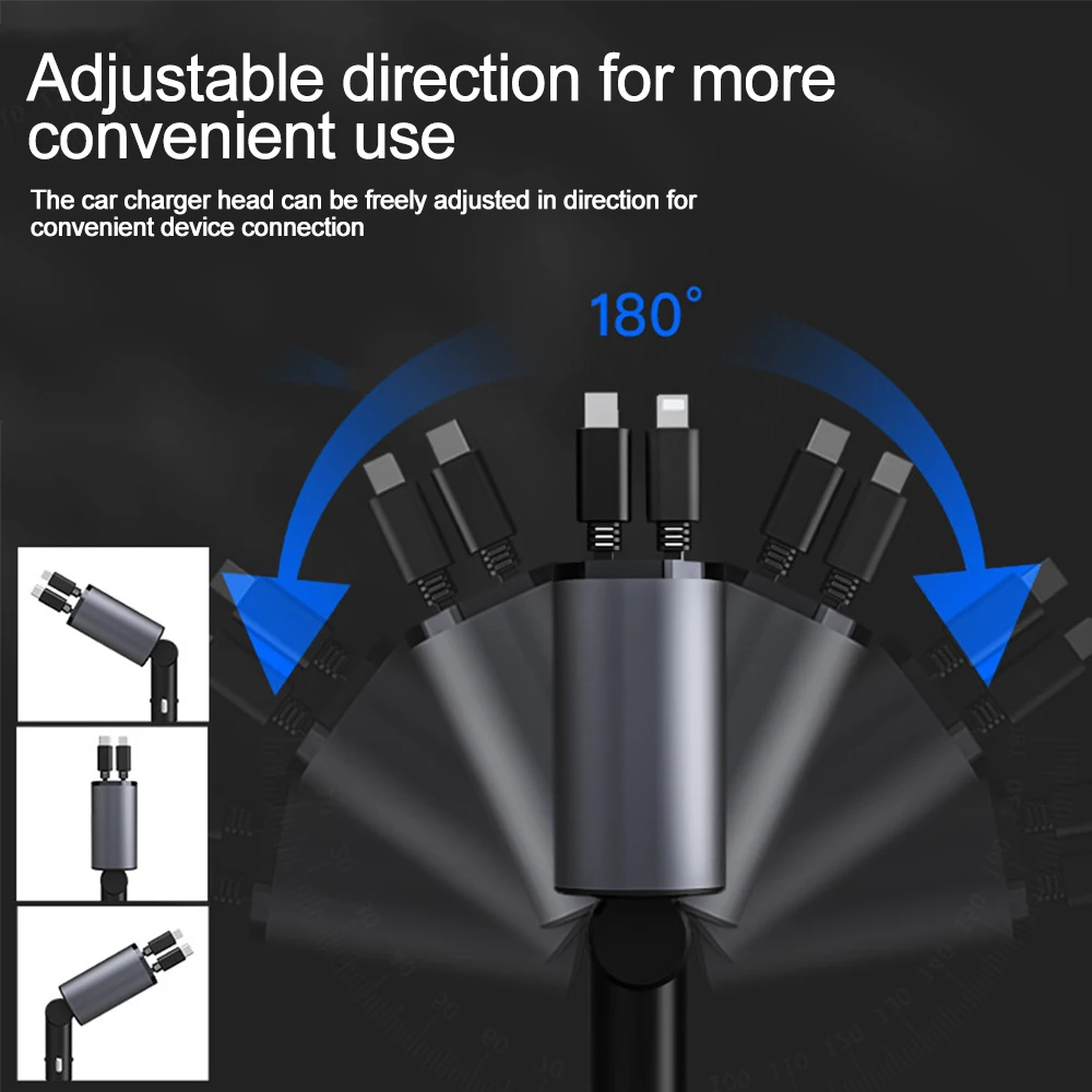 100W PD+USB Quick Charger With 2 Retractable Cables Type C Fast Car Phone Charger Voltmeter 4 in 1 Power Adapter For IPhone IPad