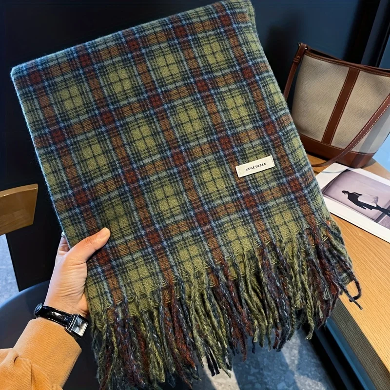 Vintage Grün Plaid Quaste Schal Frauen Imitation Kaschmir Verdickte Wärme Herbst Winter Schal Wrap Schals