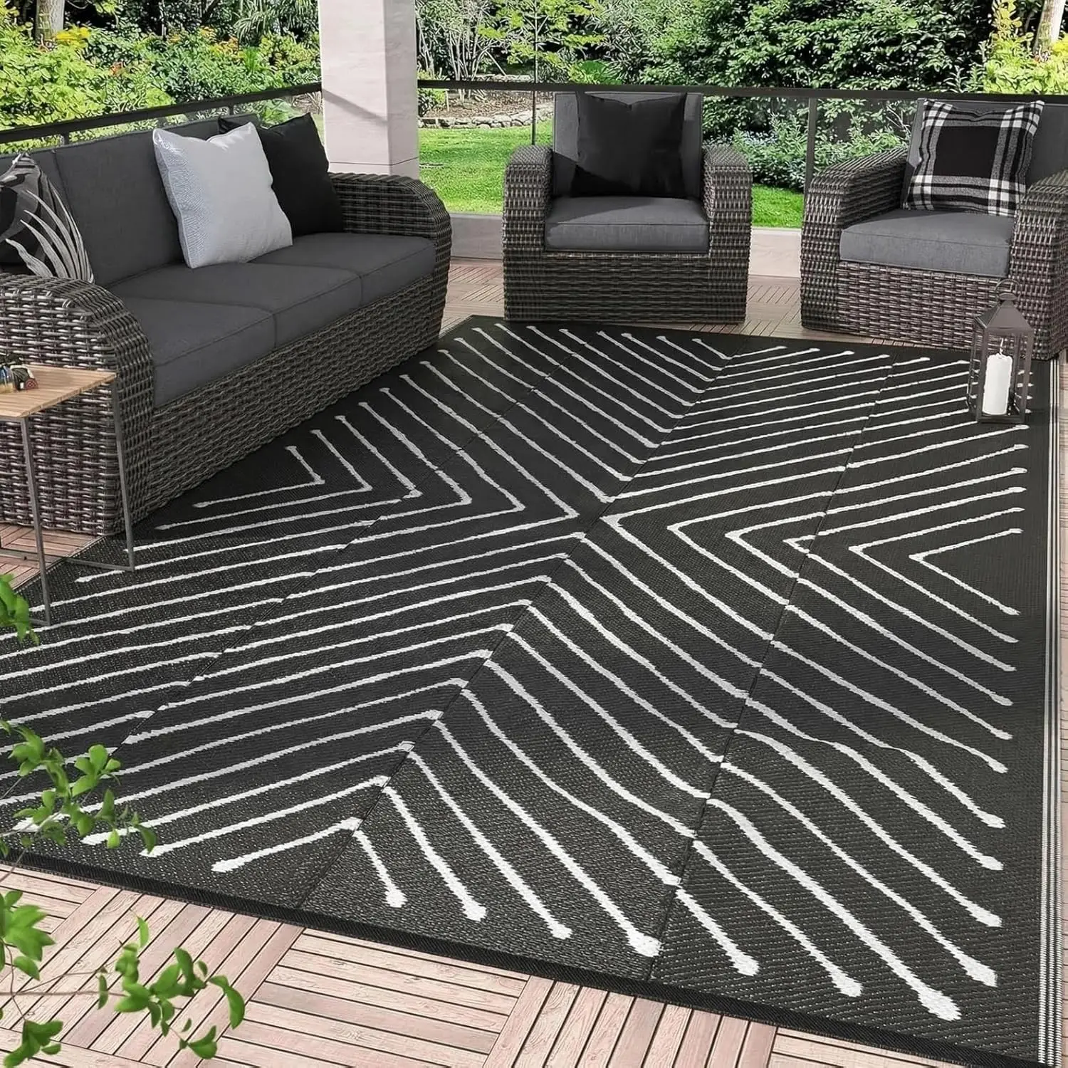 

5x8 Outdoor Waterproof Rug - Reversible Modern Striped Plastic Straw Patio Mat, Portable RV Camping Rug for Picnic, Beach, Ba