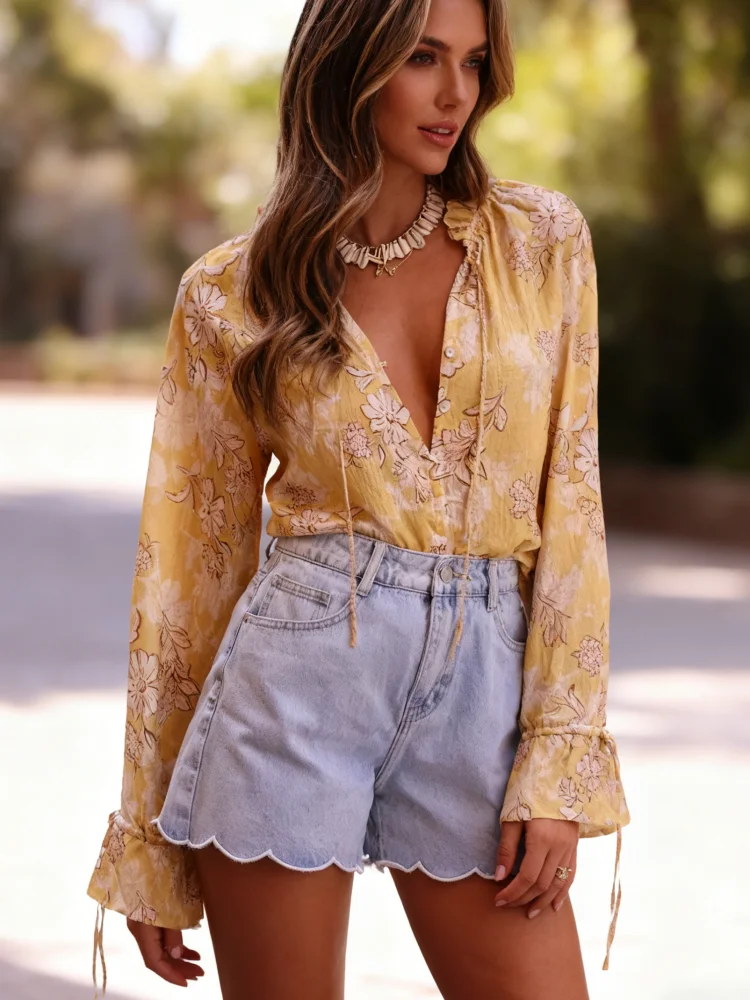 

Весенне-осенняя рубашка на шнуровке с длинным рукавом, повседневная тонкая женская рубашка с v-образным вырезом, новый стиль отпуска, элегантная модная блузка с цветочным принтом