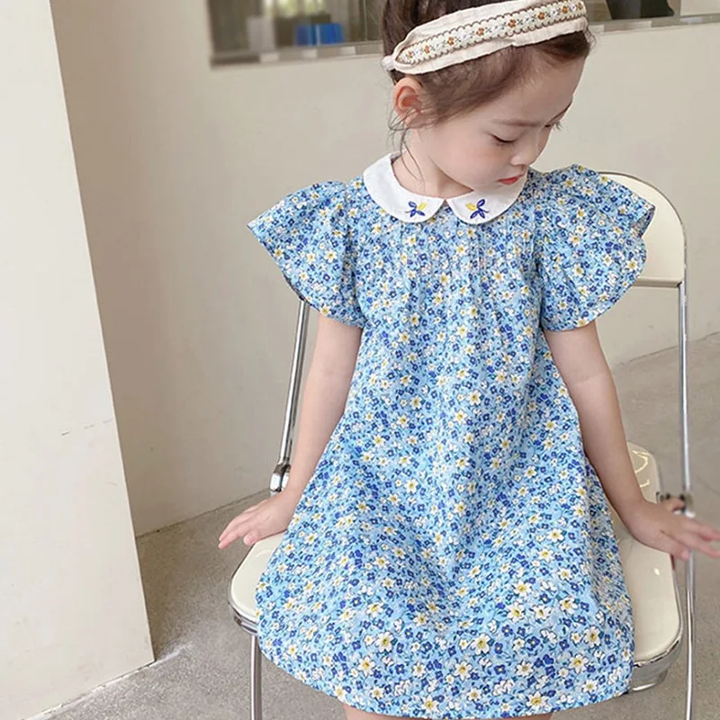 Summer Girls Baby Floral Dress Sweet Princess Girl Kids ricamo collare cotone compleanno A Line abiti abbigliamento per bambini 3-8T