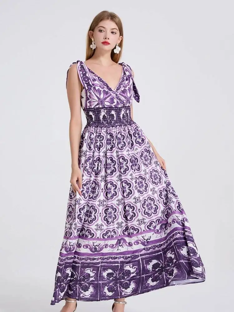 

Vintage Purple Long Dress Women Sexy V-neck Positioning Printed Elastic High Waisted Party Dresses Summer Slim A-line Long Robe