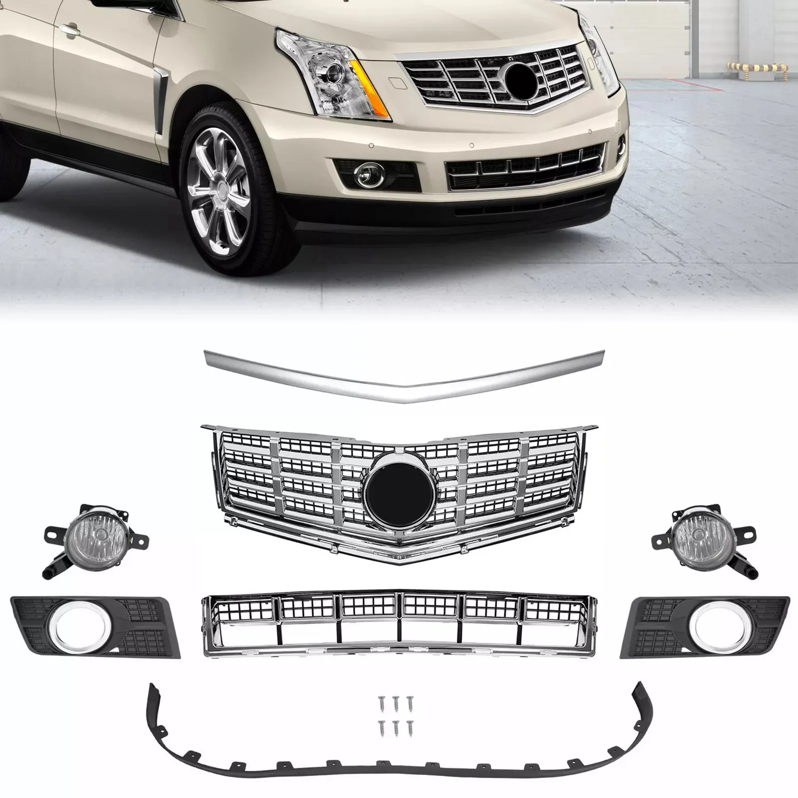 

For Cadillac SRX 13-16 Grille & Fog Lights w/Bezels Lower Deflector Hood Molding