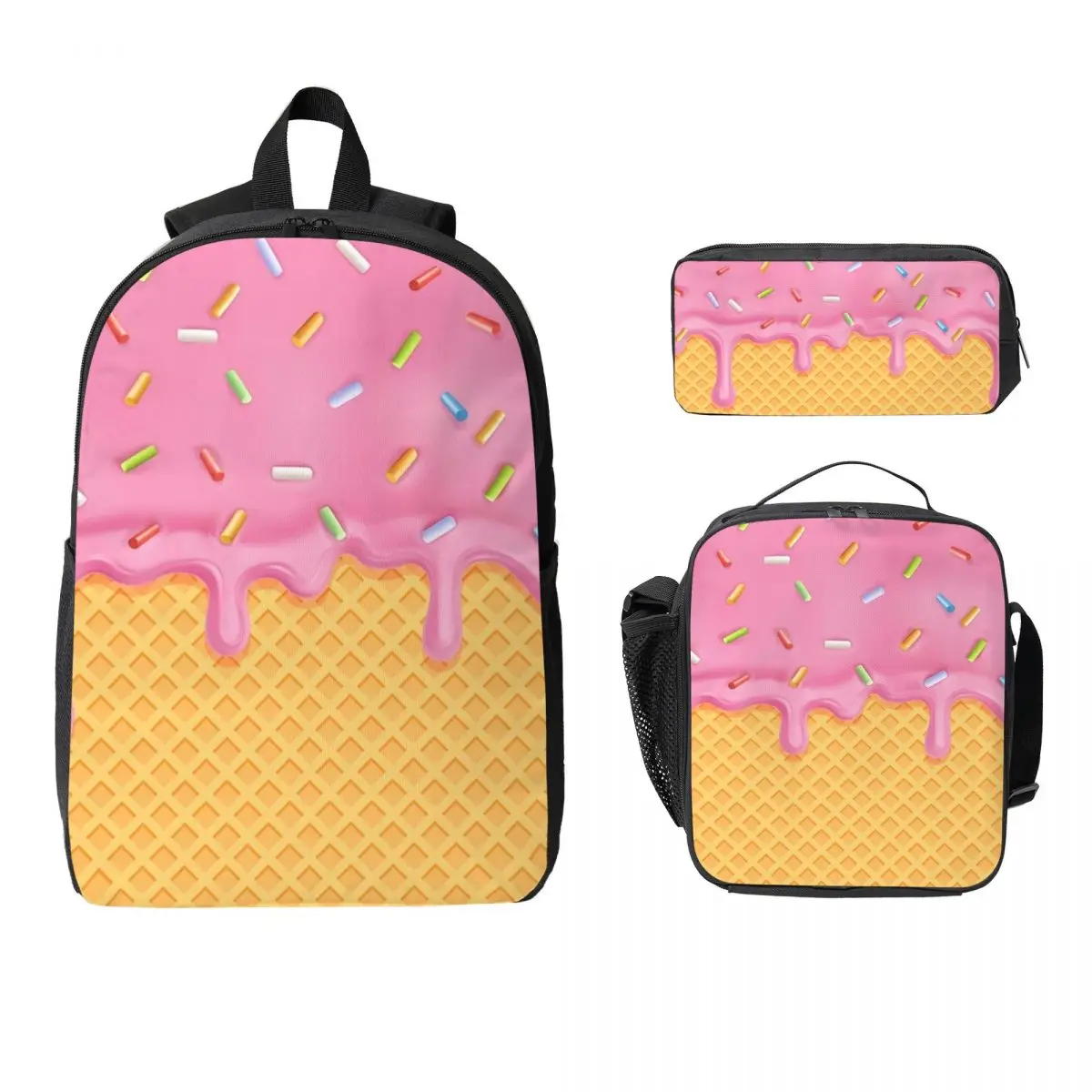Strawberry Ice Cream Backpack Student BookBag School Bag Laptop Shoulder Bags 3ps Insulated Lunch Bag Pencil Case