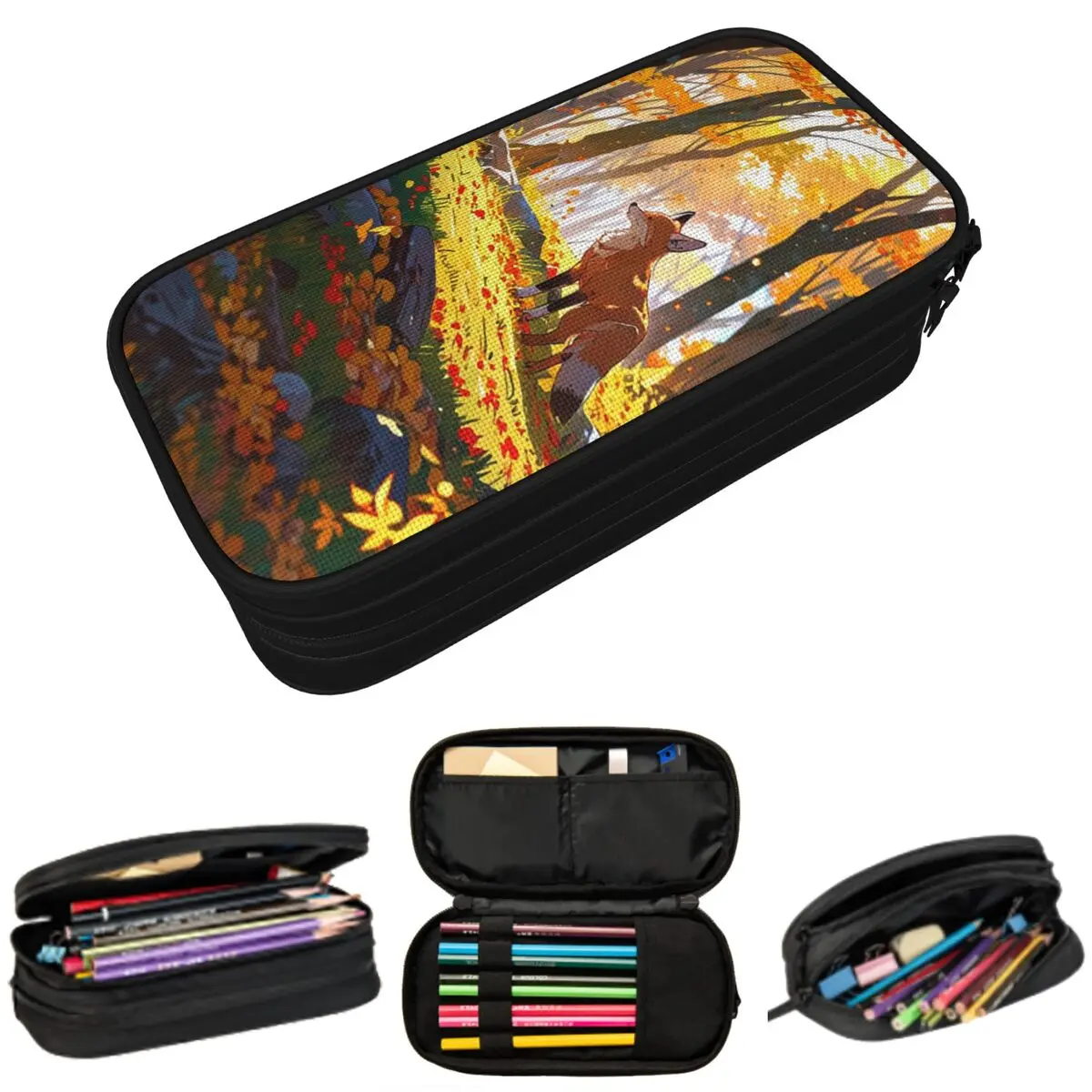 

Fox In The Meadow Vibrant Floral Pencil Case for Studen Gifts Pen Box Pencil Bag Stationery Supplies Pen Holder Bag