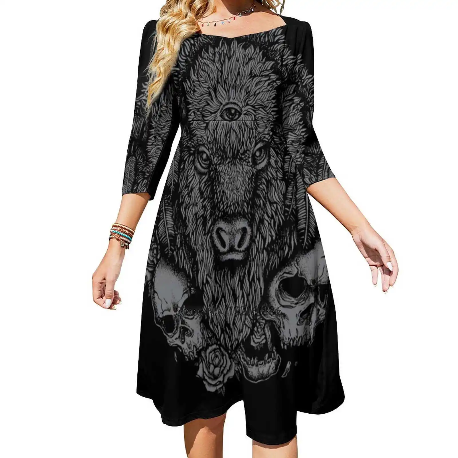 Dark Bison Back Lacing Backless Dress Square Neck Dress Evening Party Dresses Midi Sexy Dress Bison Dark Animal Skull Occult