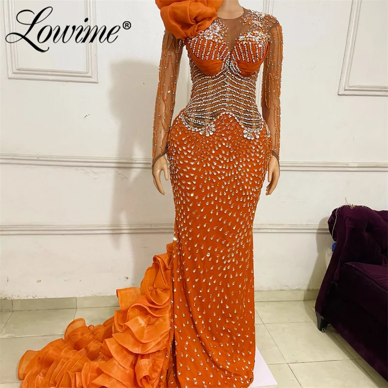 Luxury Orange Mermaid Evening Dresses Customized 2025 Long Sleeves African Brown Prom Dress Full Crystals Party Birthday Dresses