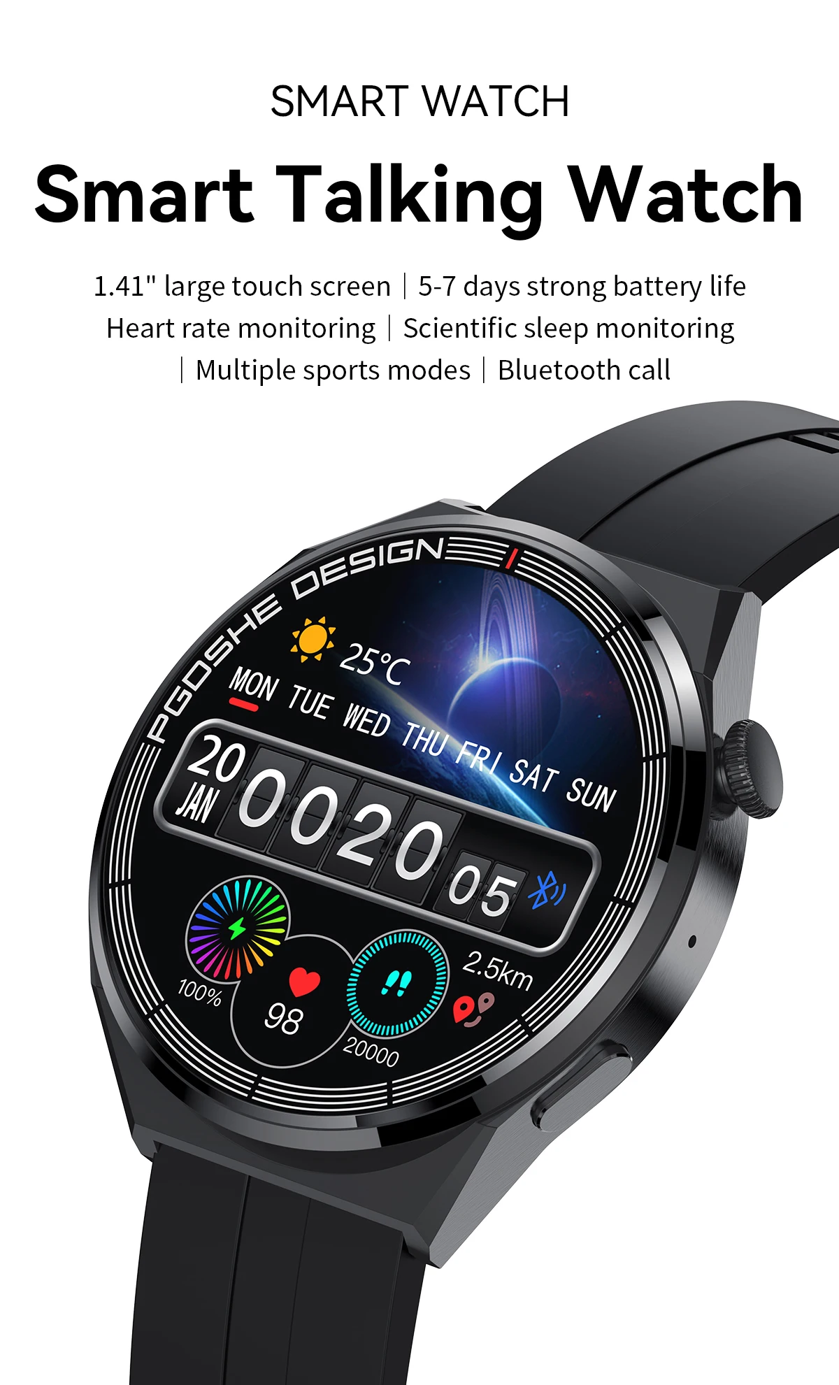 ZGPAX Sports Watch 330mah Smart Watch Bluetooth Call IP67 Waterproof Fitness 1.41 inch HD Screen Smartwatch