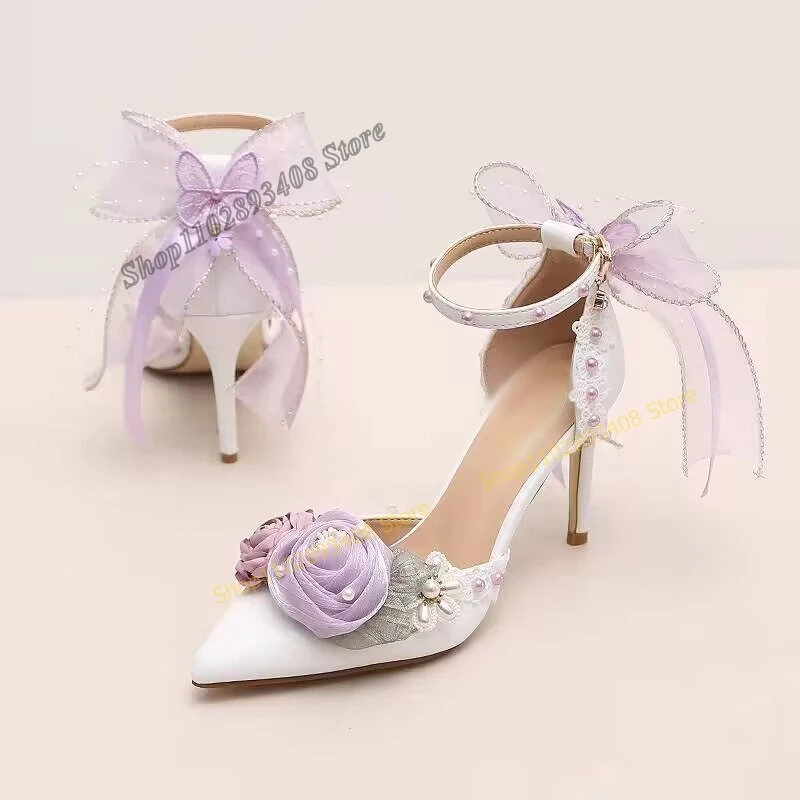 

Purple Rose Pearl Decor Pumps Butterfly Knot Pointed Toe Kitten Heel Buckle Strap Women Shoes 2023 Fashion Zapatos Para Mujere